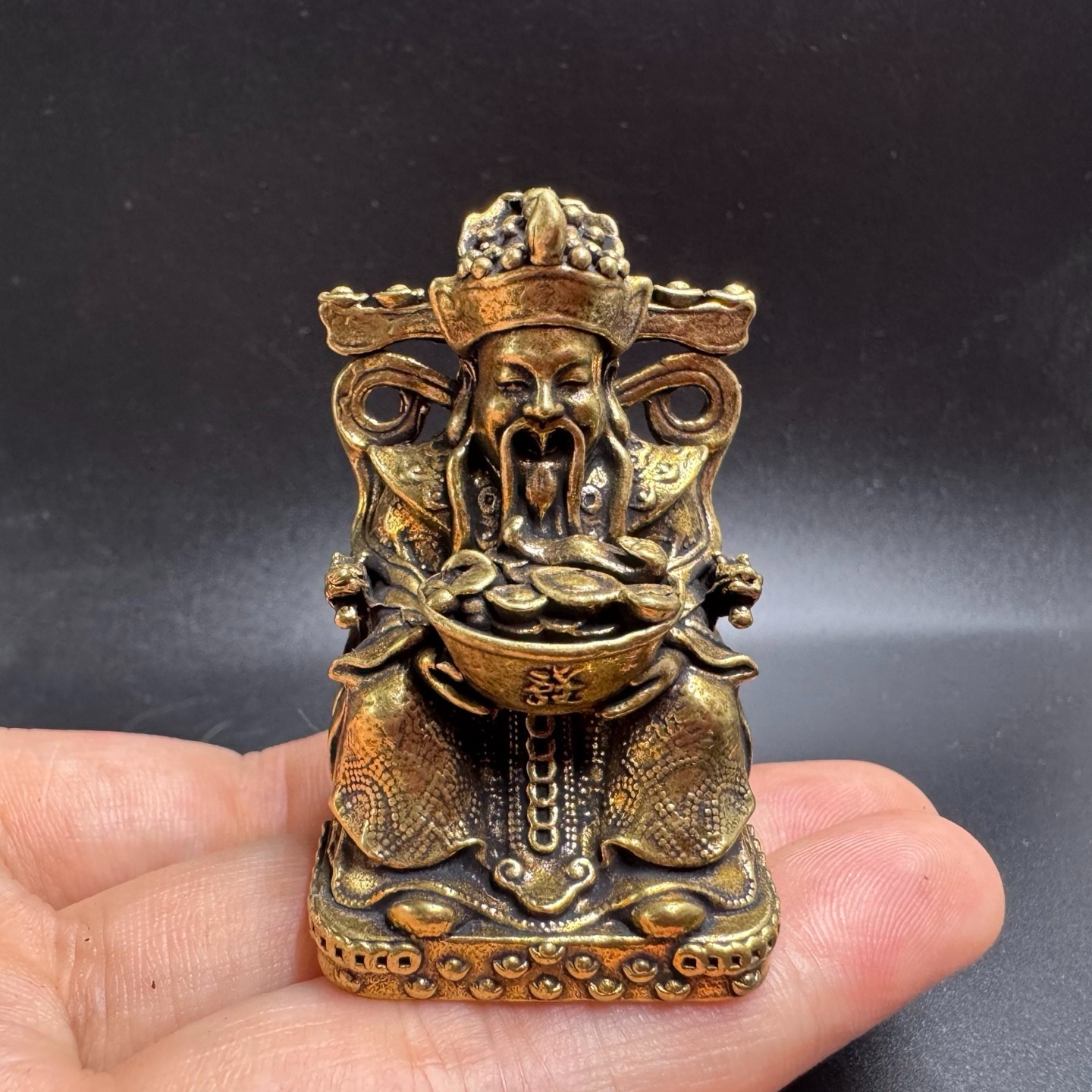 Vintage Brass God of Wealth Mini Statue Holding Gold Ingot Feng Shui Lucky Desk