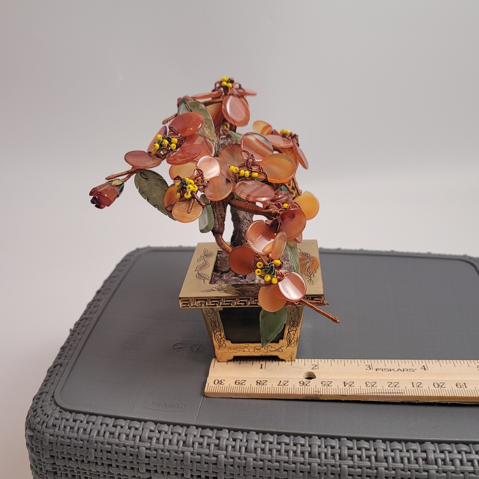 CHINESE HARDSTONE BONSAI TREE w/ CARNELIAN FLOWER/NEPHRITE INLAID JADE HONG KONG