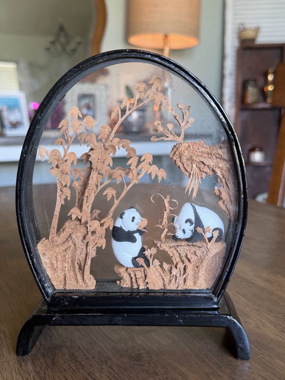 Vintage Chinese Cork Art Panda Scene Diorama Black Lacquer Frame Asian Shadowbox