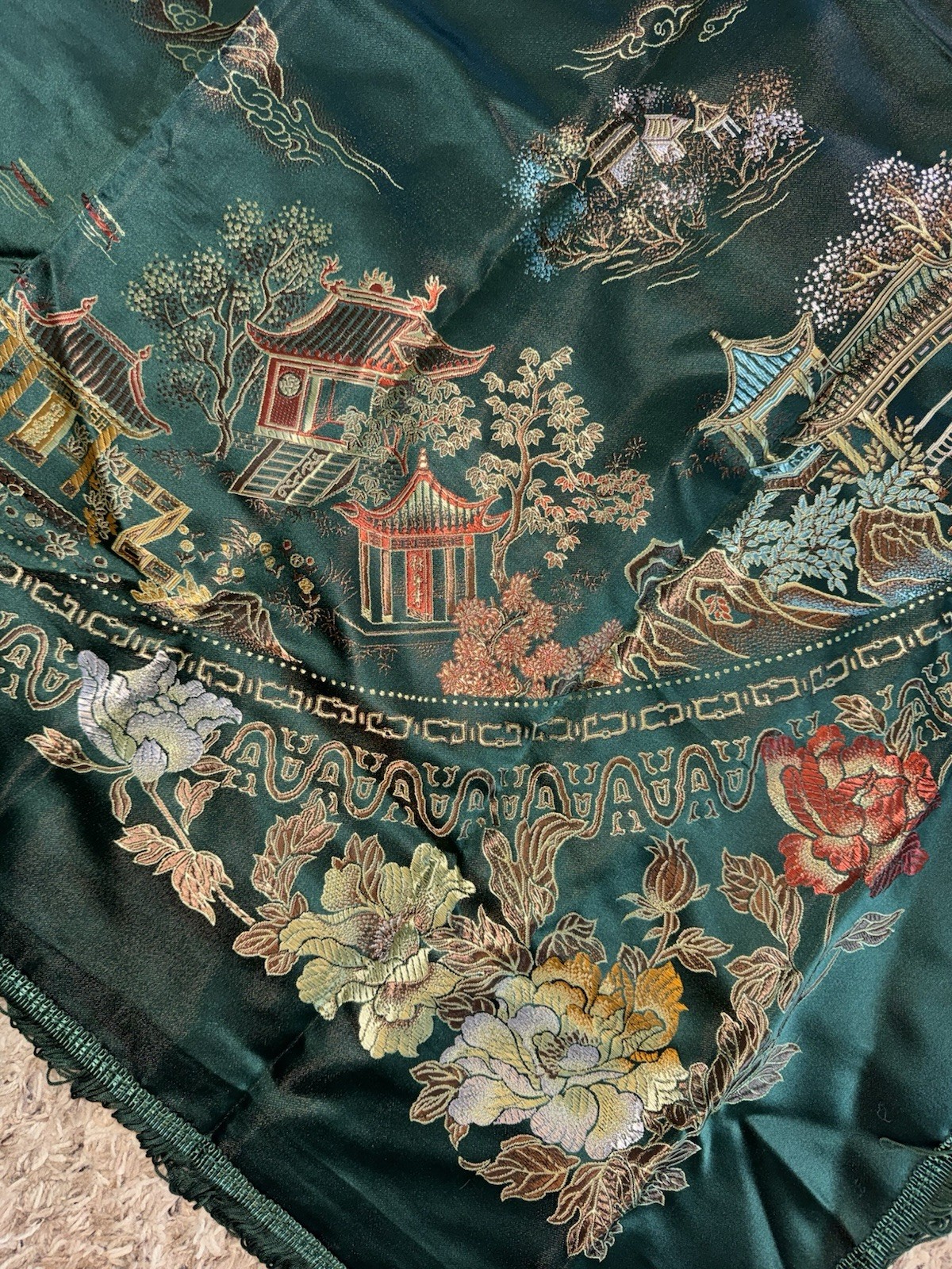 VTG Hangzhou Chinese Silk Brocade Piano Scarf Dragon Phoenix Tablecloth 48”