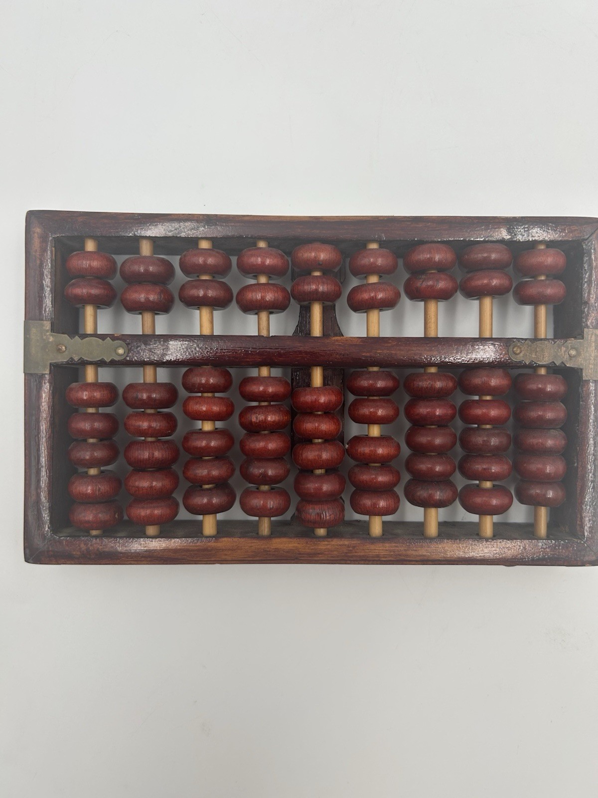 Vtg Chinese Abacus Rose Wood Frame with Brass Binding 9 row and 63 Beads 7”x 4”