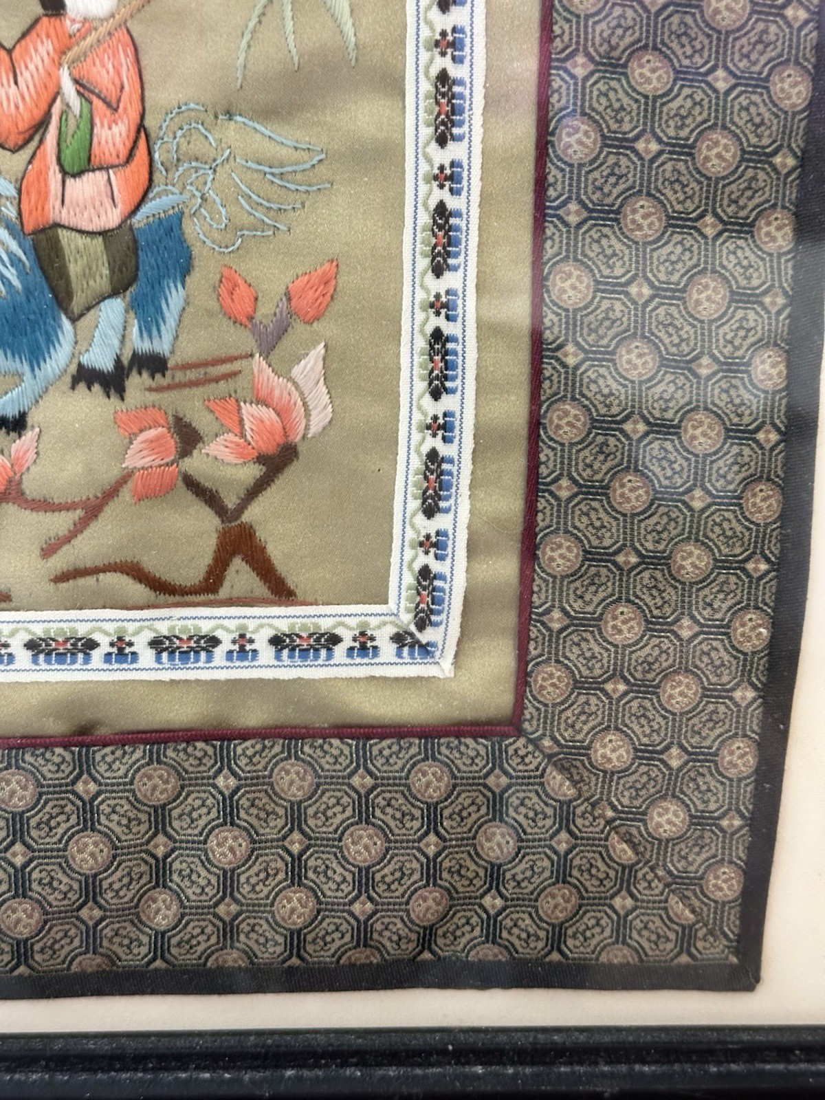 Chinese hand embroidered silk Art Piece Framed. The Actual Piece 27 X 13”