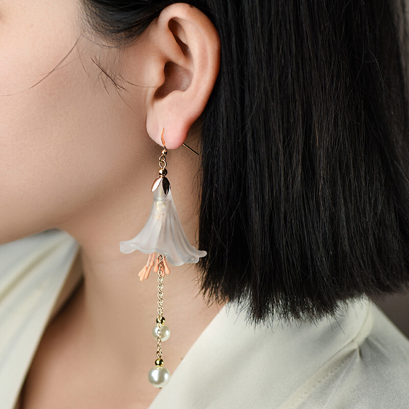 Chinese Coloured Glaze/Pearl Asymmetric Flower Tibetan Style Earbob Earrings