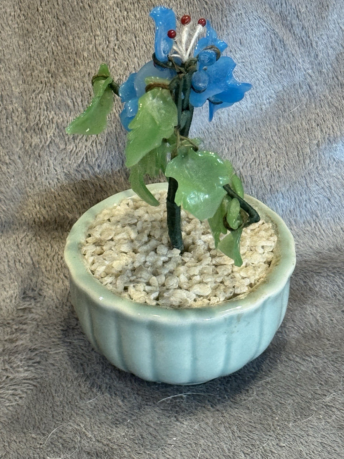 Small Jade Glass With Blue Flowers 4.5” Tall Celadon Pot Vintage