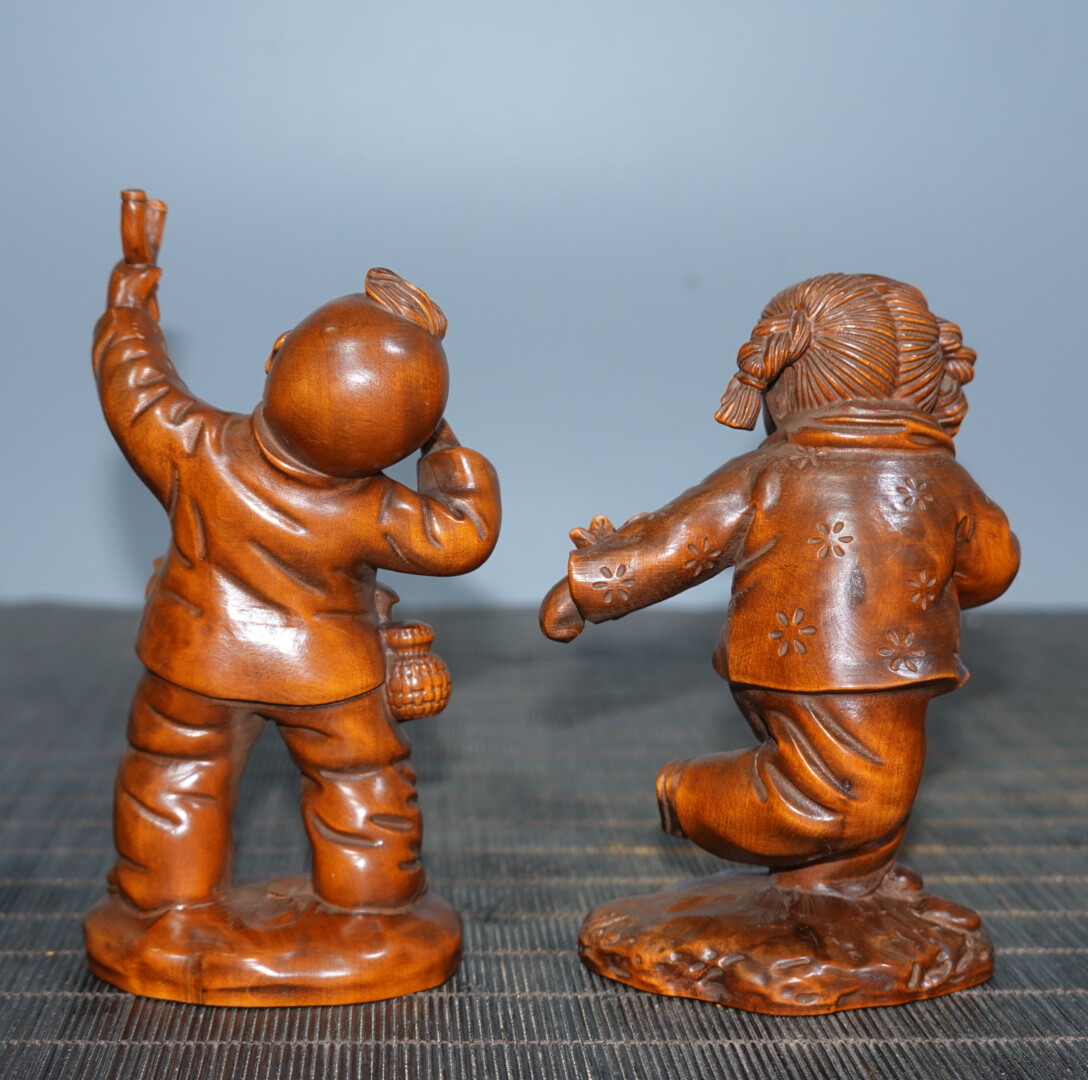 4.5″ Collect China Box-wood Carving Naughty Young Boys and Girls Statue Pair