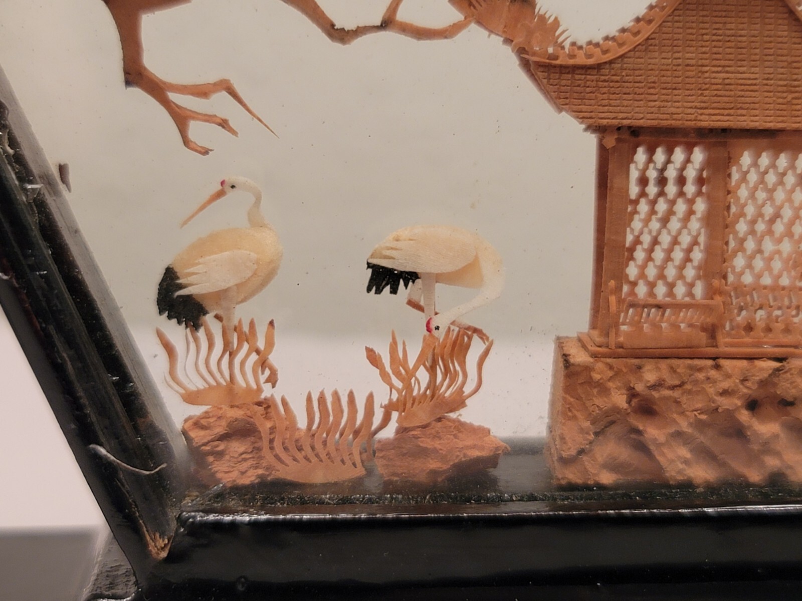 Chinese Cork & Wood Diorama Hand Carved Asian Crane Pagoda Tree Art Glass