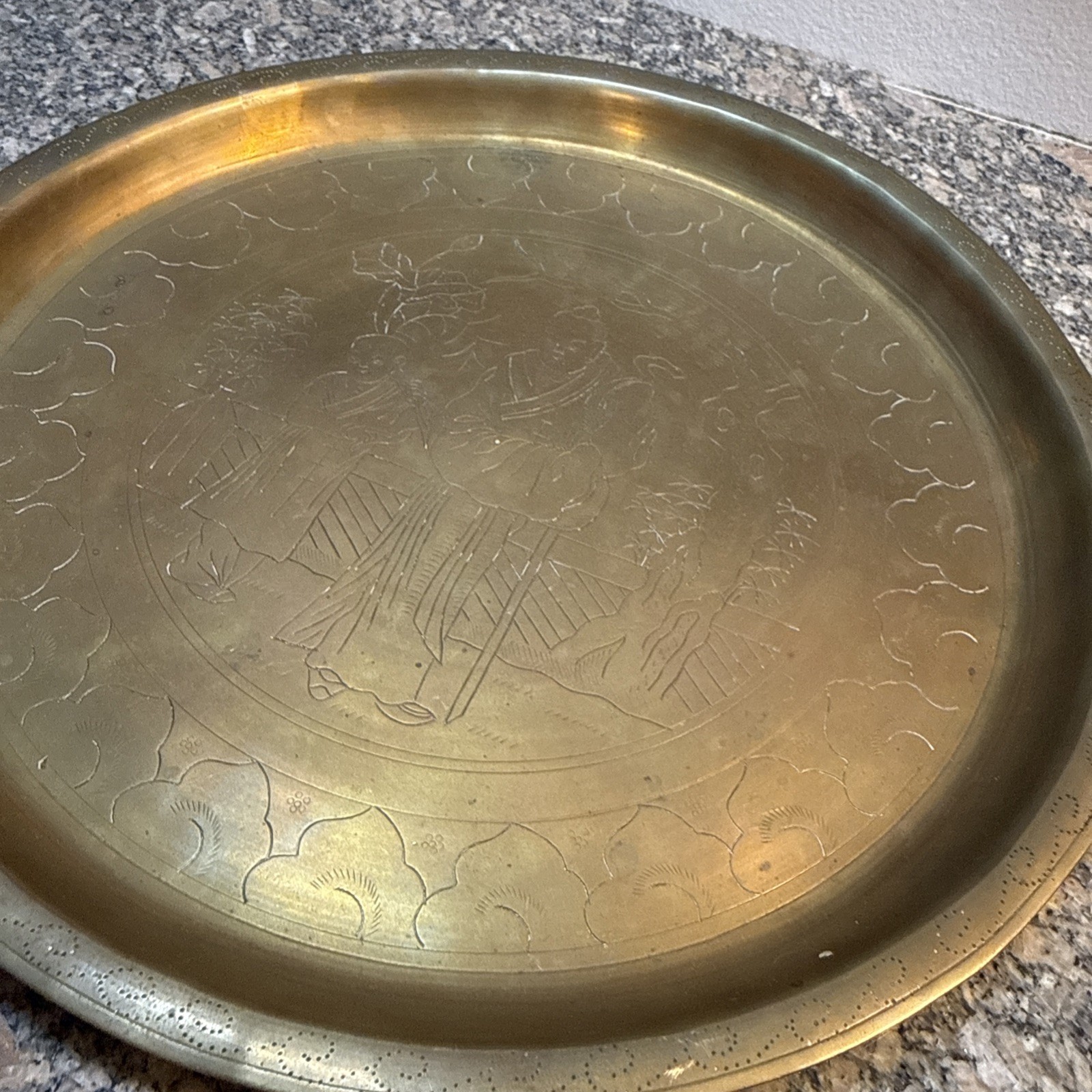 Vintage Chinese Brass Etched Tray Old Man & Boy 12”