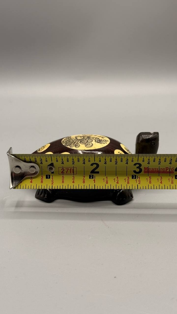 Vintage Carved Wood Turtle with Chinese Zodiac Compass – Functional Inlay