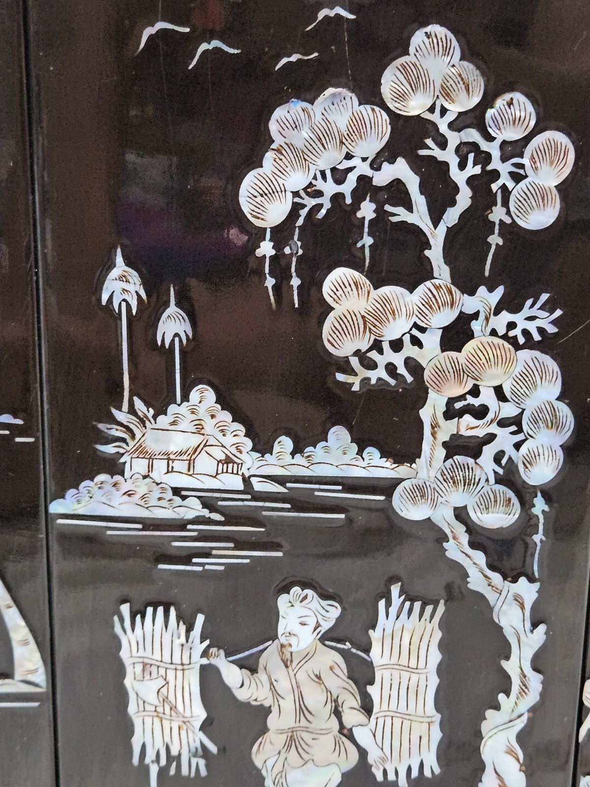 Vintage Asian Black Lacquer Mother of Pearl Inlay Wall Panels Set of 4