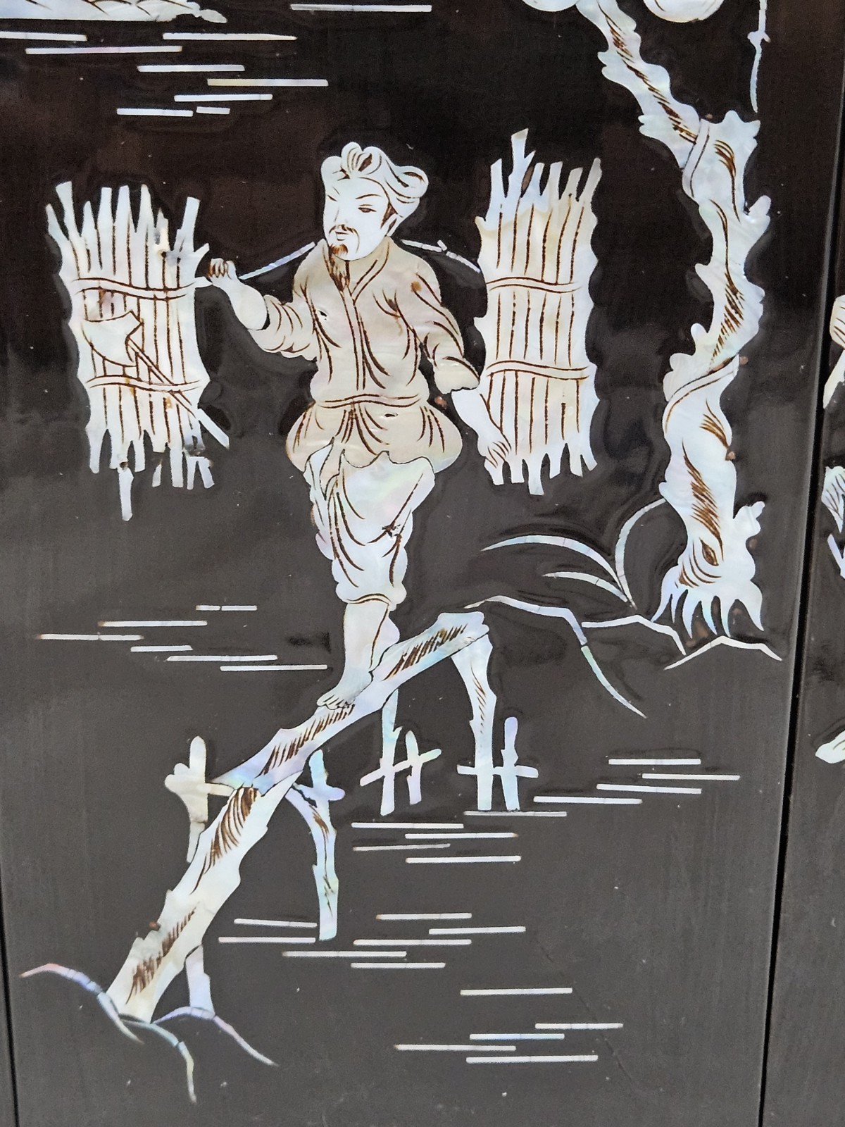 Vintage Asian Black Lacquer Mother of Pearl Inlay Wall Panels Set of 4