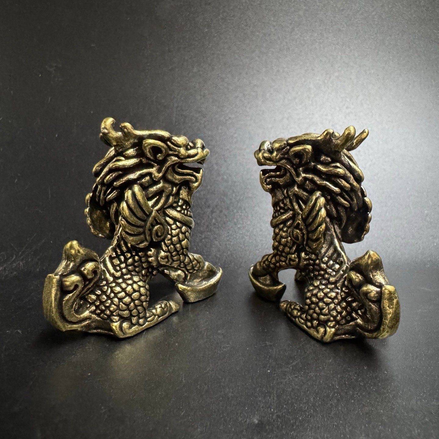 Pair Brass Winged Qilin Statues Chinese Feng Shui Wealth Lucky Mini Ornaments