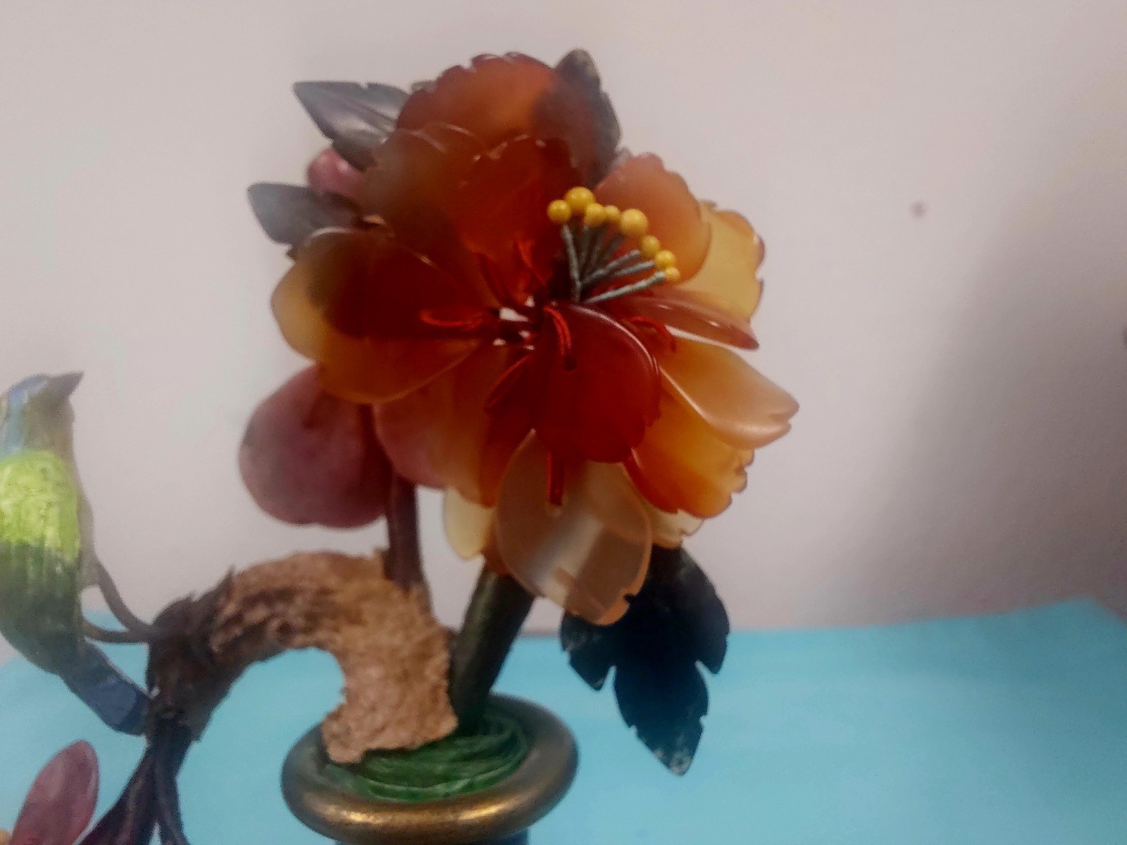 Vtg Chinese Cloisonné Vase Gemstone Flowers Metal Enamel Bird 6″ Tall VGUC