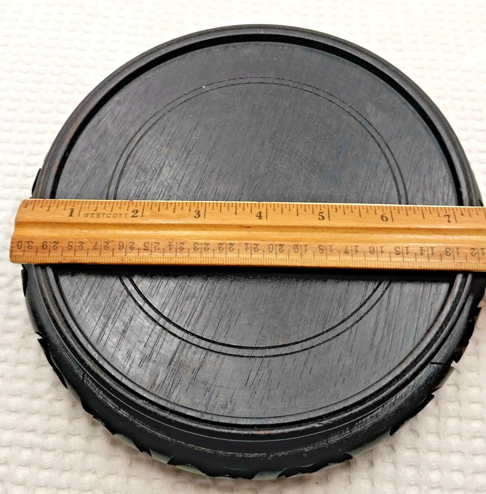 Vtg Chinese Black Carved Wood Display Stand 6.75 ” Inner Ring Hong Kong Ebonized