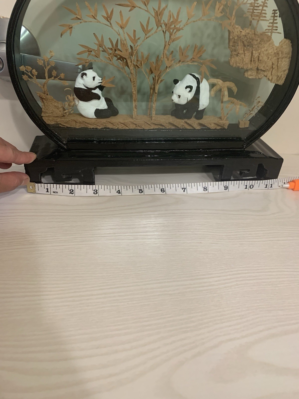 Panda Bear Vintage Collectible San You cork carve Art 3D Diorama in glass frame
