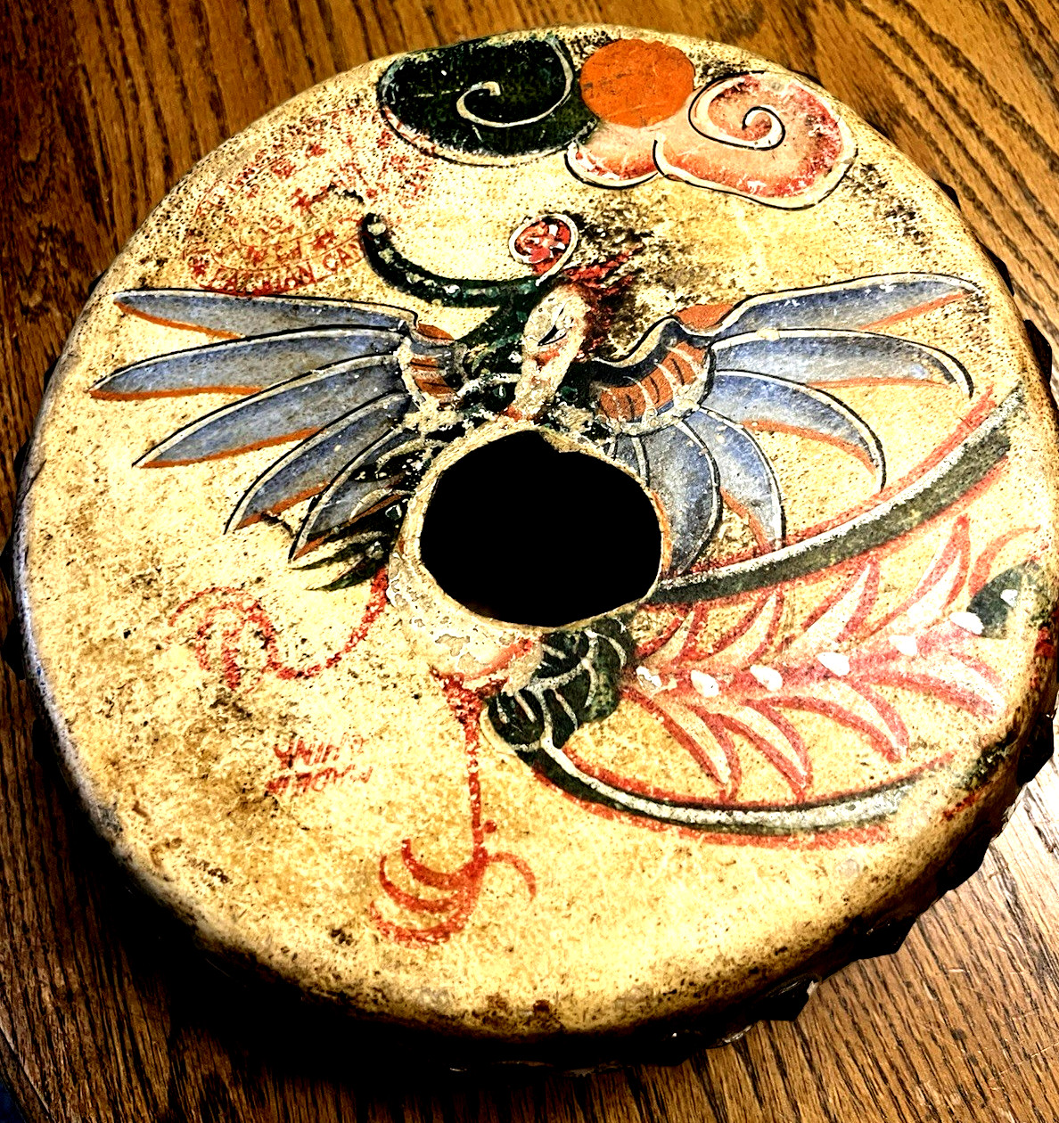 Asian Drum Hand Painted Dragon Double Sided Leather Head. 11.5” Vintage