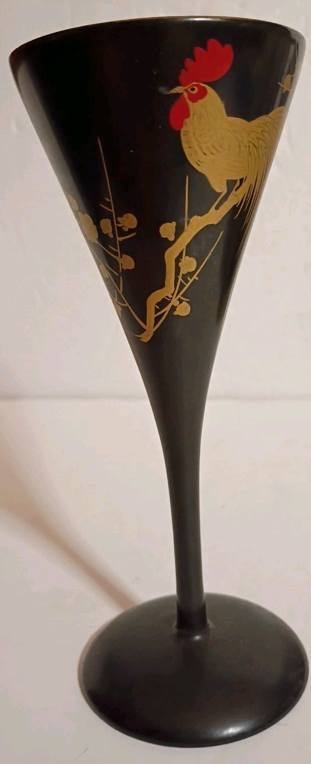 Beautiful Fighting Gold Rooster Chicken Black Lacquer Wood Shaker & 5 Cups China
