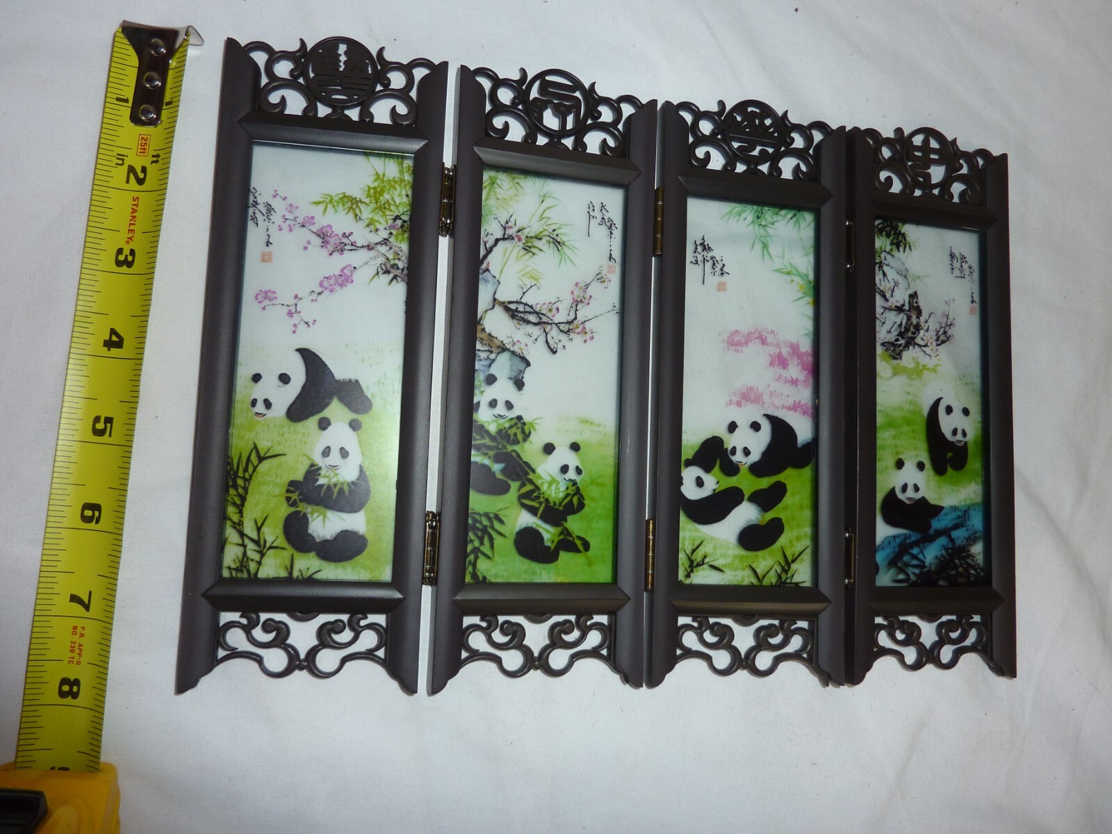 VTG Chinese 4-Panel Ornate Folding Tabletop Screen Panda Pandas On Painted Glass
