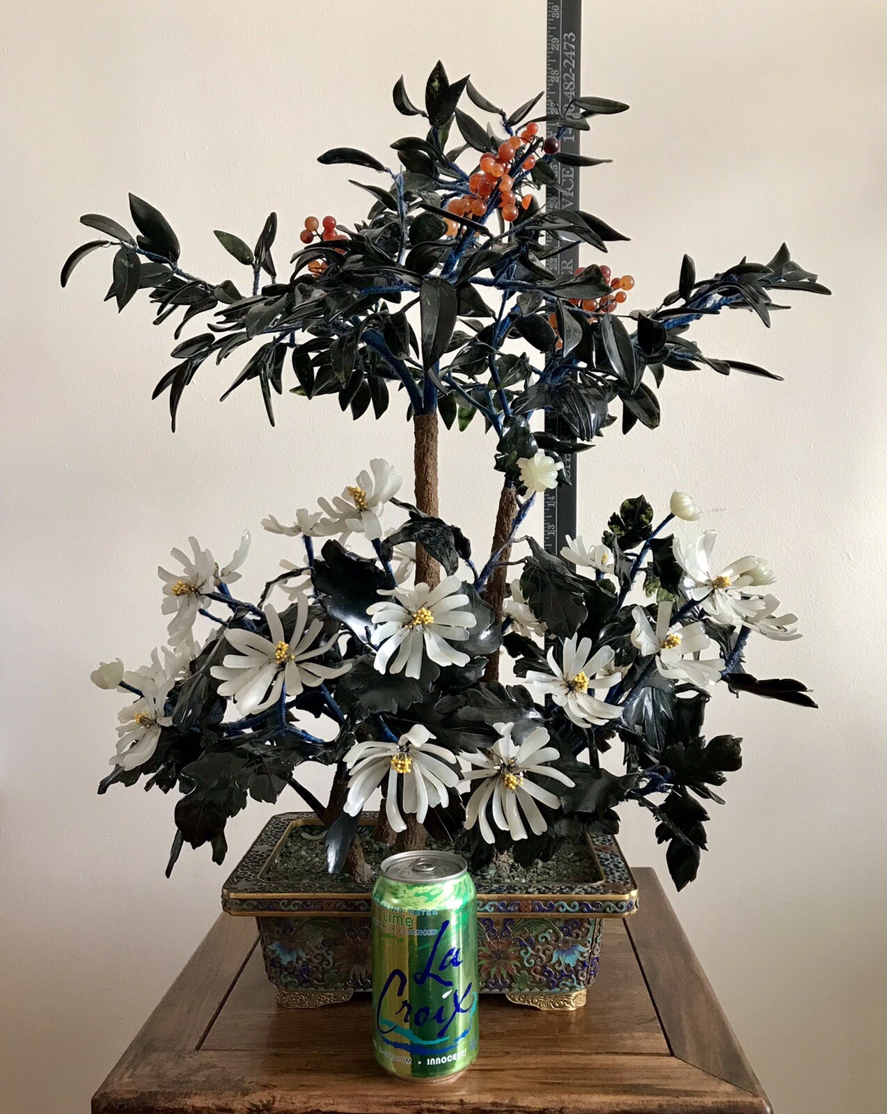 27” Tall Large Chinese Jade and Agate Bonsai Tree in Cloisonne Pot