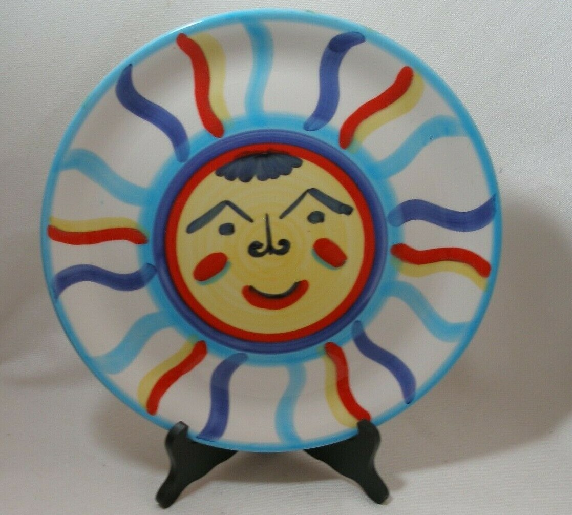 Colorful Decorative Plate Sunburst Ceramic Made in ITALY & Wood Stand Vintage