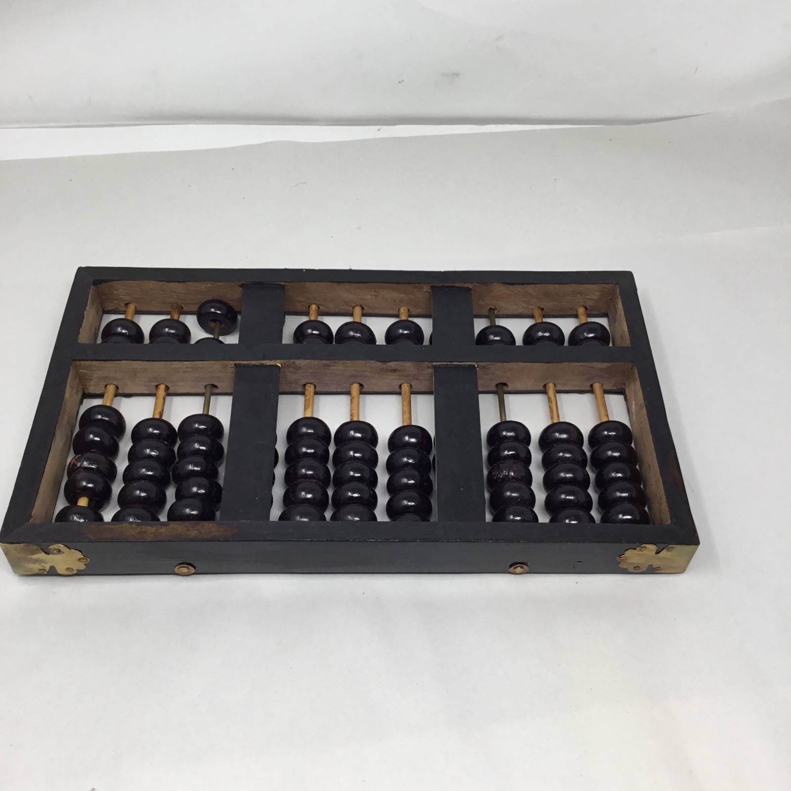 Vintage Chinese Abacus Wood & Brass Lotus Flower Brand Calculator 11 Row 77 Bead