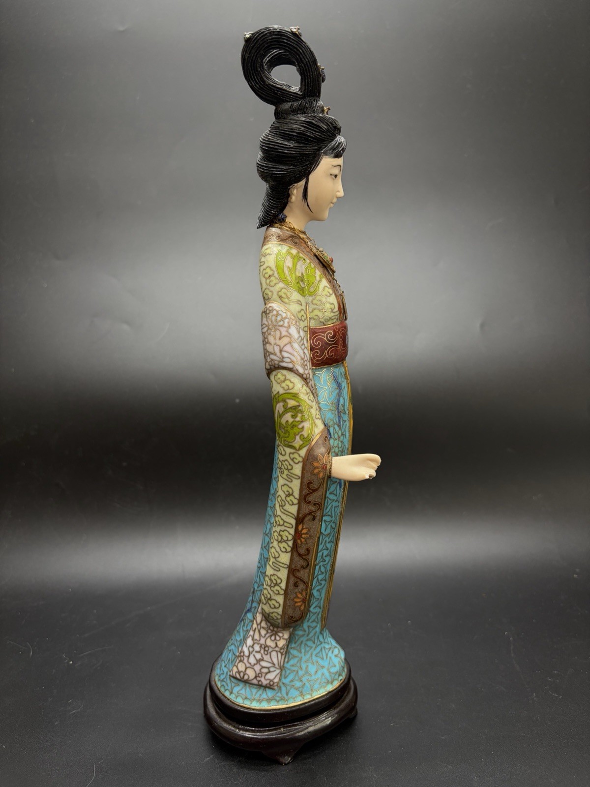 Gorgeous VTG Traditional Cloisonne Lady Figure Brass Enamel On Wood Base 13.5”
