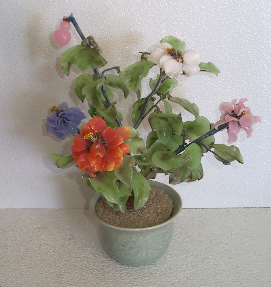 Vintage Chinese Jade Glass Flower Arrangement in Celadon Pot Multicolor Blossoms