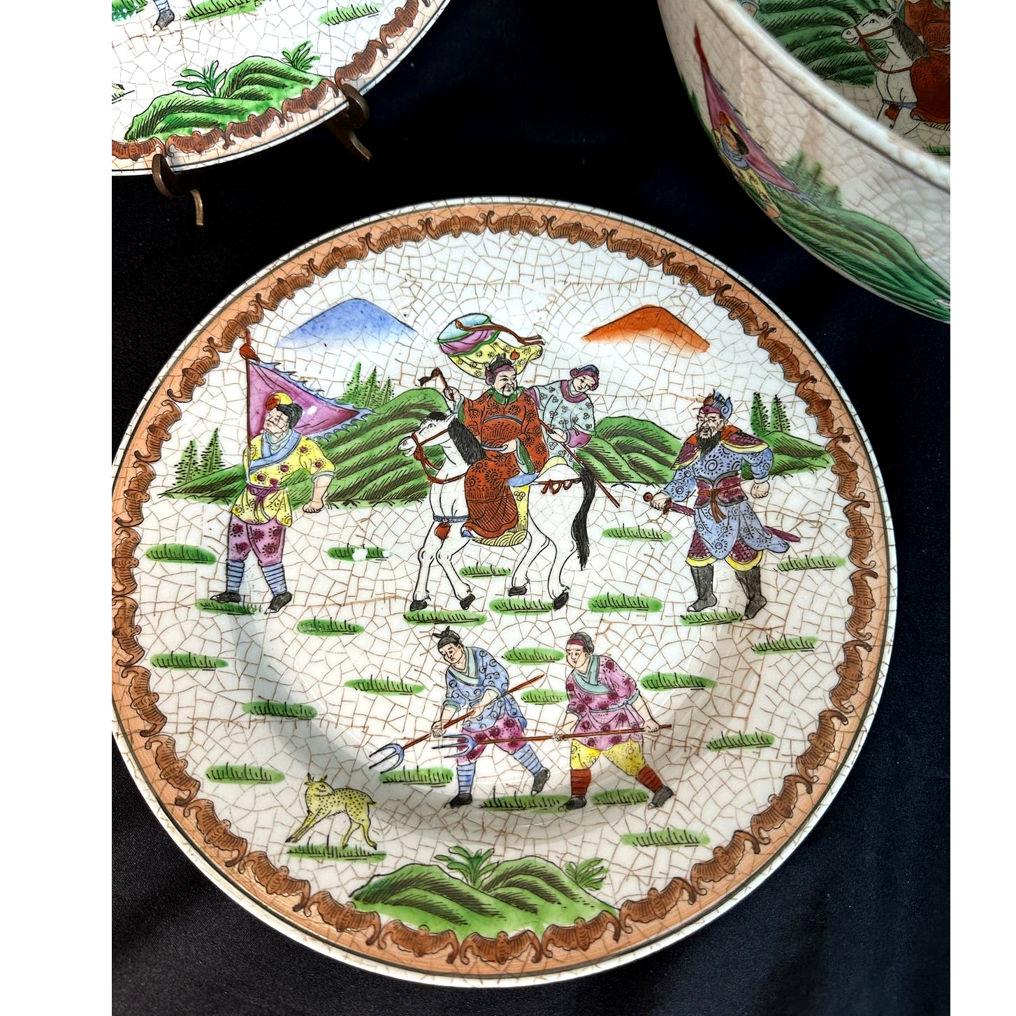Chinese Porcelain Vintage Large 12.5″ Bowl with Four 10.5″ Matching Plates!