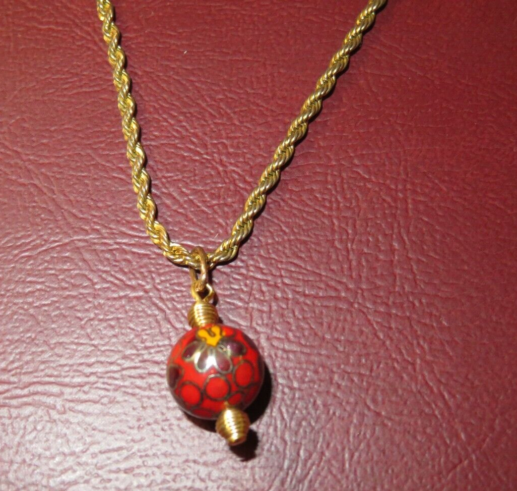 Vintage Asian Style Necklace w/ 17″ Braided Chain and Red Cloisonne Pendant