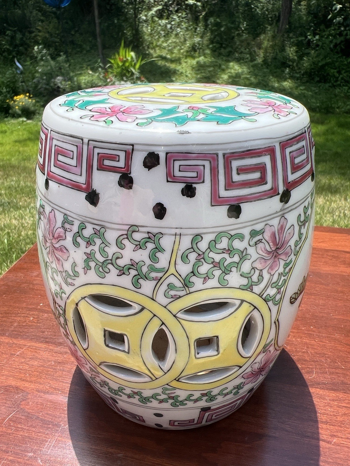 VTG Handpainted Famille Rose Chinoiserie Porcelain Plant Stand Riser Pedestal