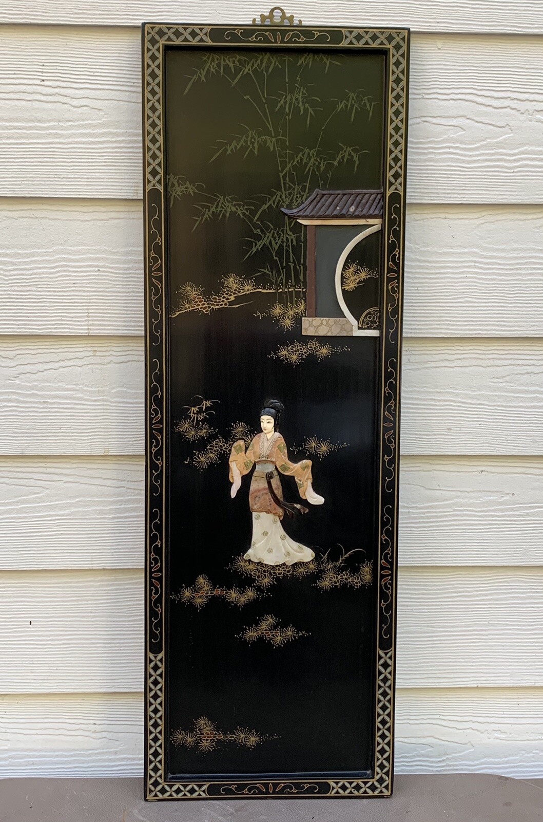 Vintage 1960’s Oriental Chinese Black Lacquer 3D Geisha Girls Wall Plaques