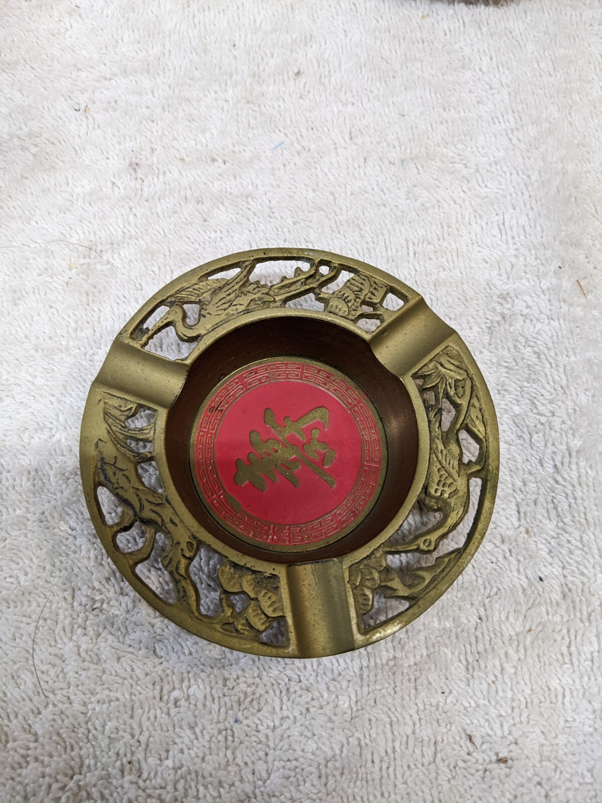 Vintage Chinese Brass Red Enamel Shou Long Life Ashtray Phoenix Birds 3.25″ Set