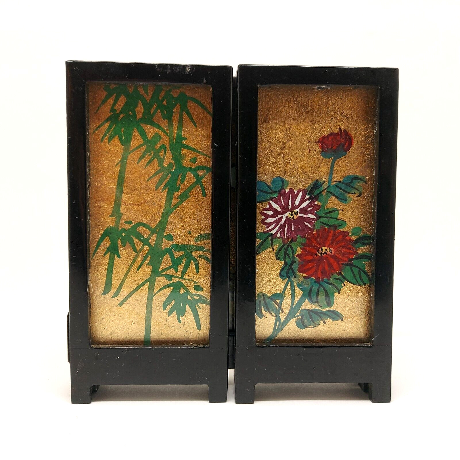 2 Vtg Small 3 Panel Table Top Screens Hand Painted Silk Cranes Birds Flowers