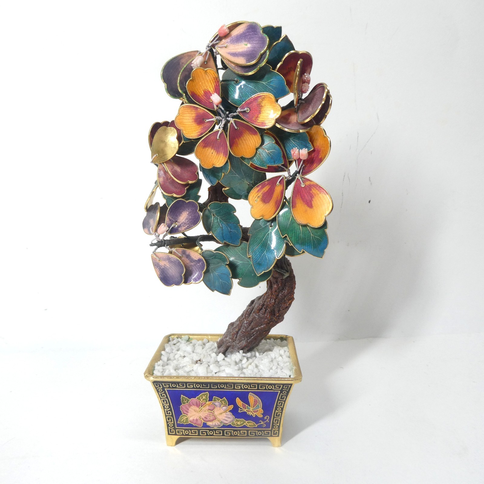 Cloisonne Enamel Brass Bonsai Tree w/ Pot Colorful Flowers 8″ Vintage