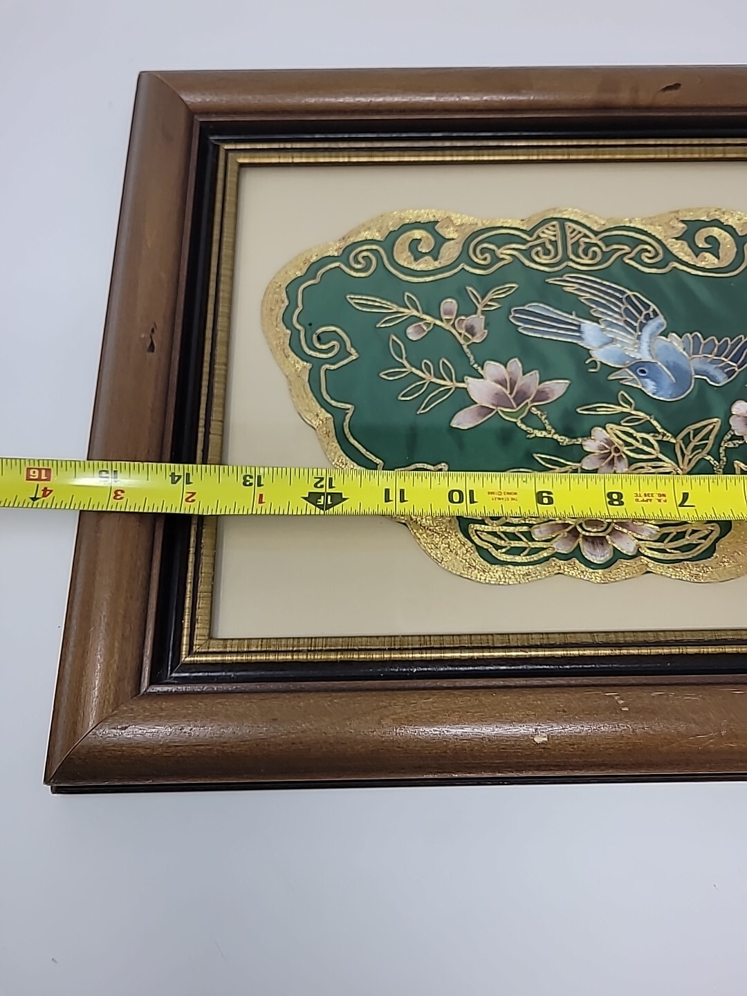 Two Framed Vintage Golden Cloud Green Chinese Hand Embroidered Panel