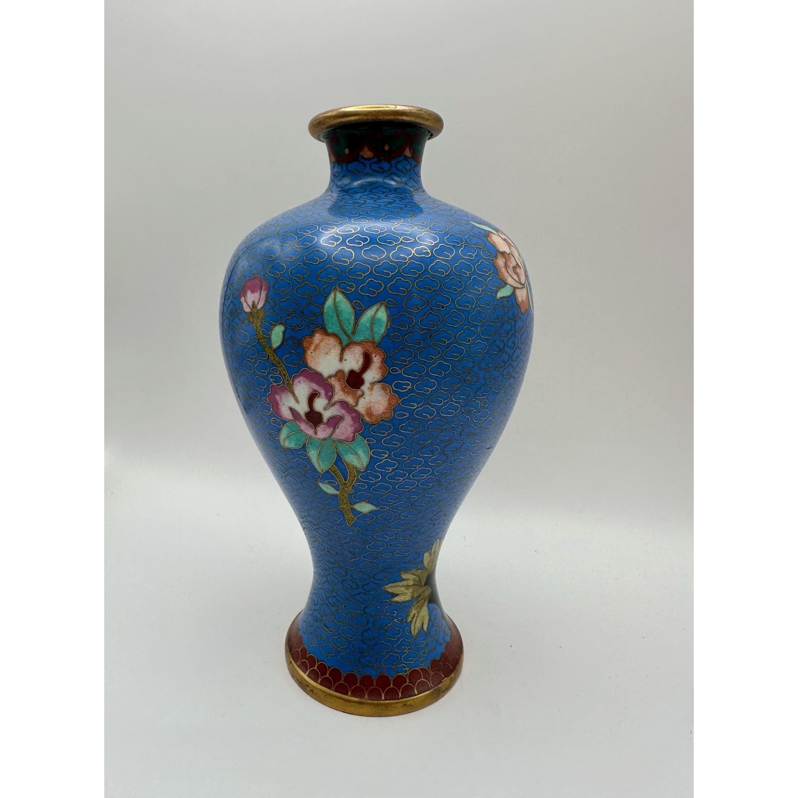 Vase Blue Chinese Cloisonné Pink Floral and Leaf Motif Brass Accents