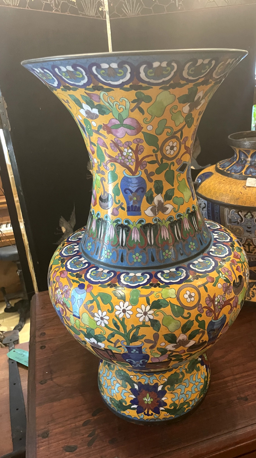 Rare Tibetan urn narrow neck yellow background multi colored Asian decor