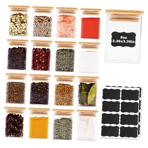 Glass Food Storage Jars Square 6oz, 16 Pack Glass Jars With Bamboo Lids, 6oz*16