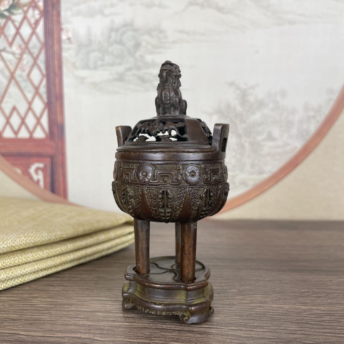 Antique Bronze Tripod Censer Lion Lid Incense Burner Copper Collection Decor