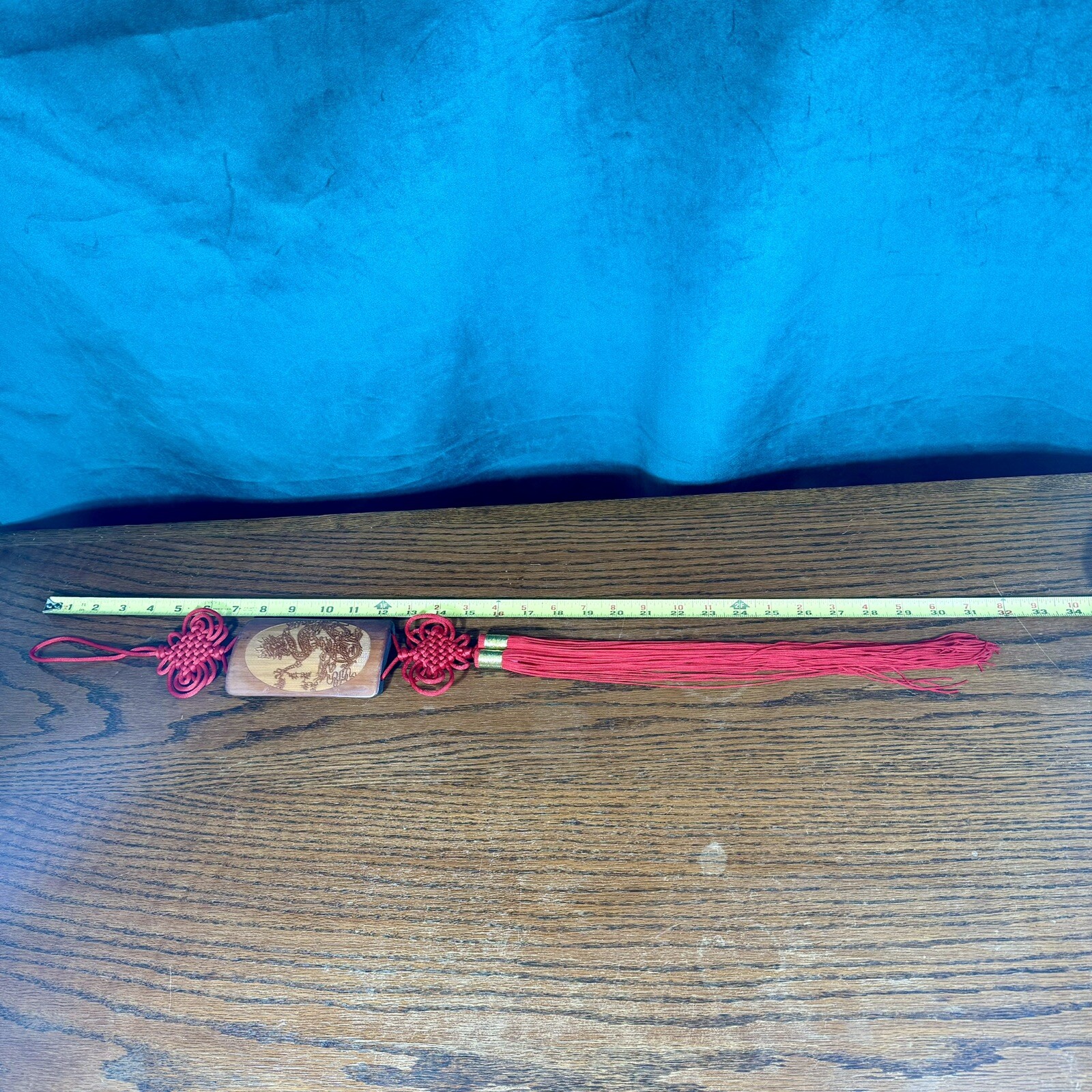 Chinese Hanging Art With dragon Wood & Red Tassel 31” Long Oriental