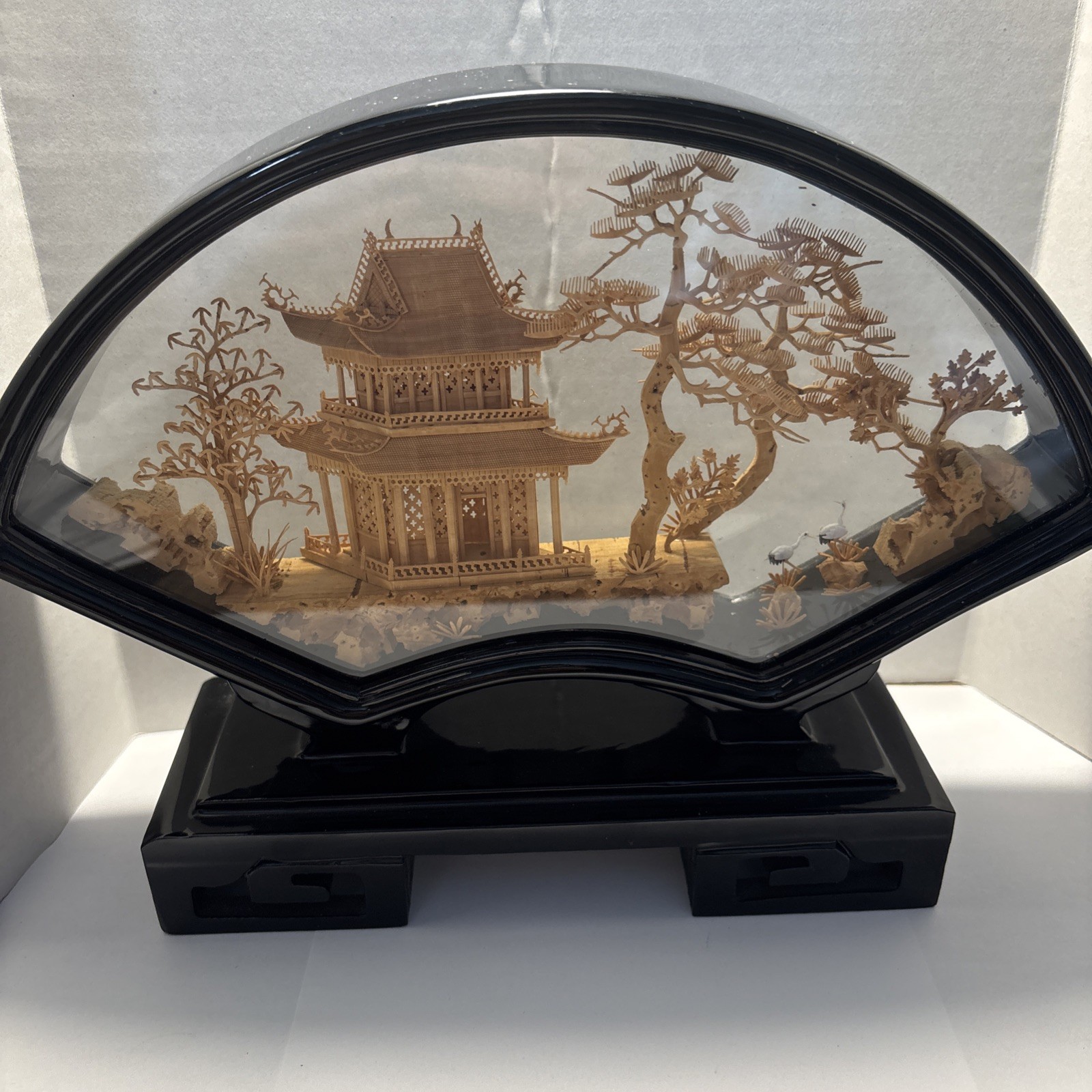 Vintage Chinese San Yo Diorama With Hand Carved Cork Pagoda Trees And Cranes