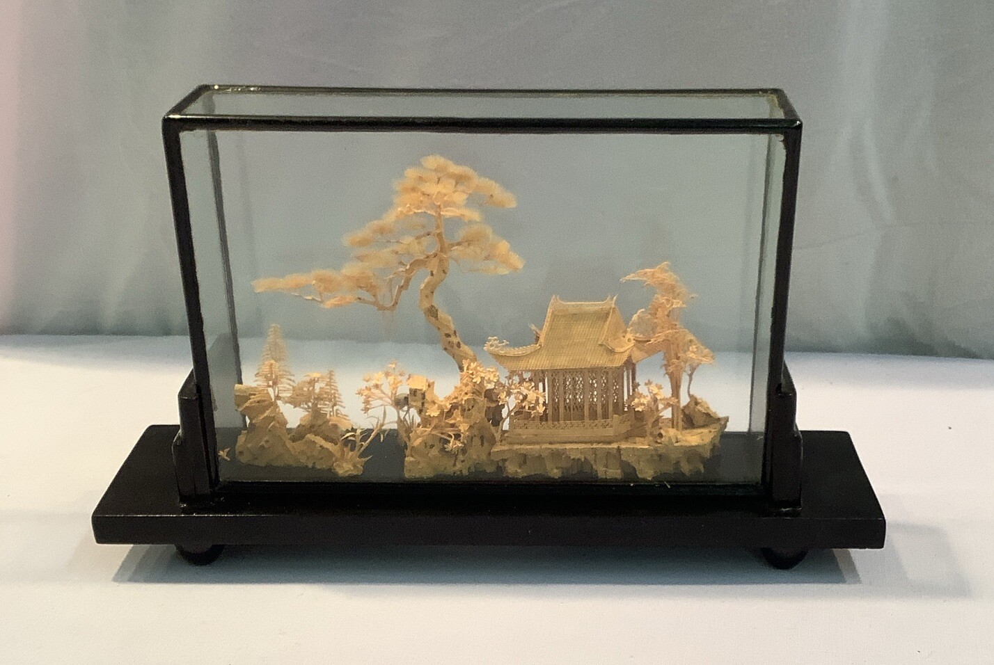 Fujian China 202 Vintage Hand Carved Cork Diorama Art Glass Wood Framed Picture
