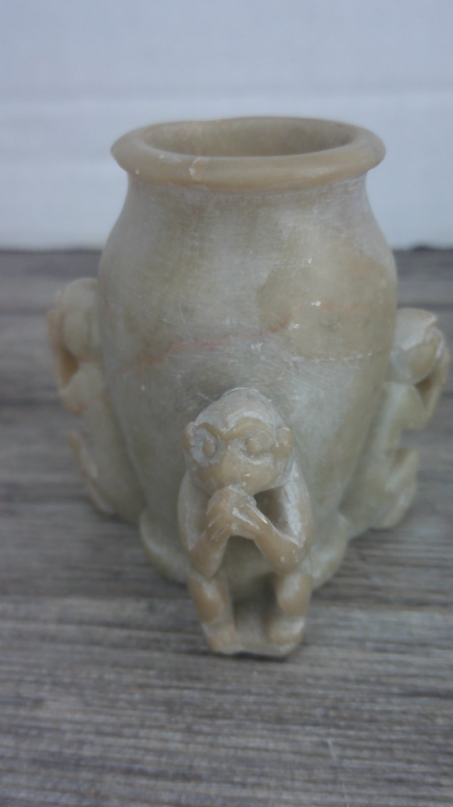 vintage Chinese soap stone toothpick holder hand carved hear see peak no evil