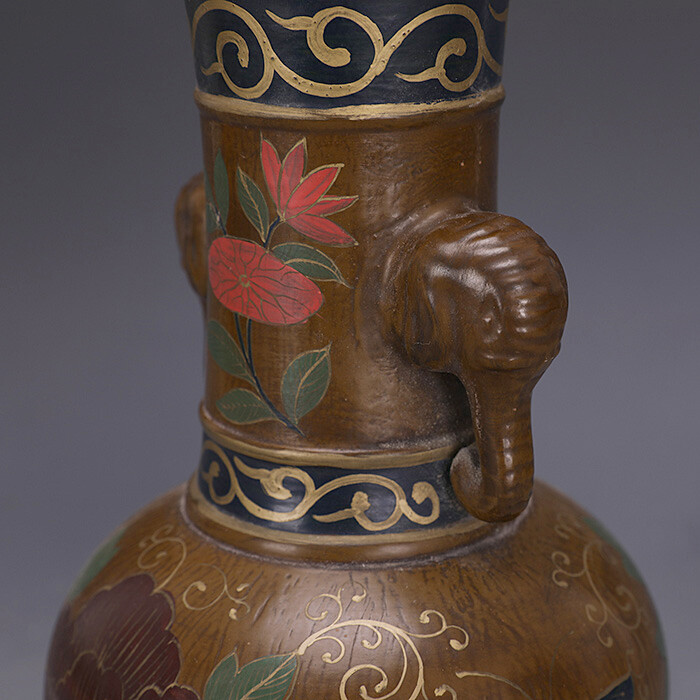 9″ Chinese Old Lacquer Glaze Porcelain Colour Decoration Elephant Ear Vase