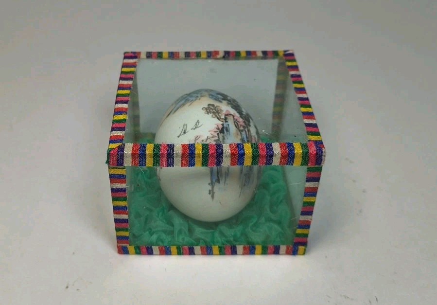 Vintage Hand Painted Egg Shell in Glass Display Box Asian Oriental Landscape