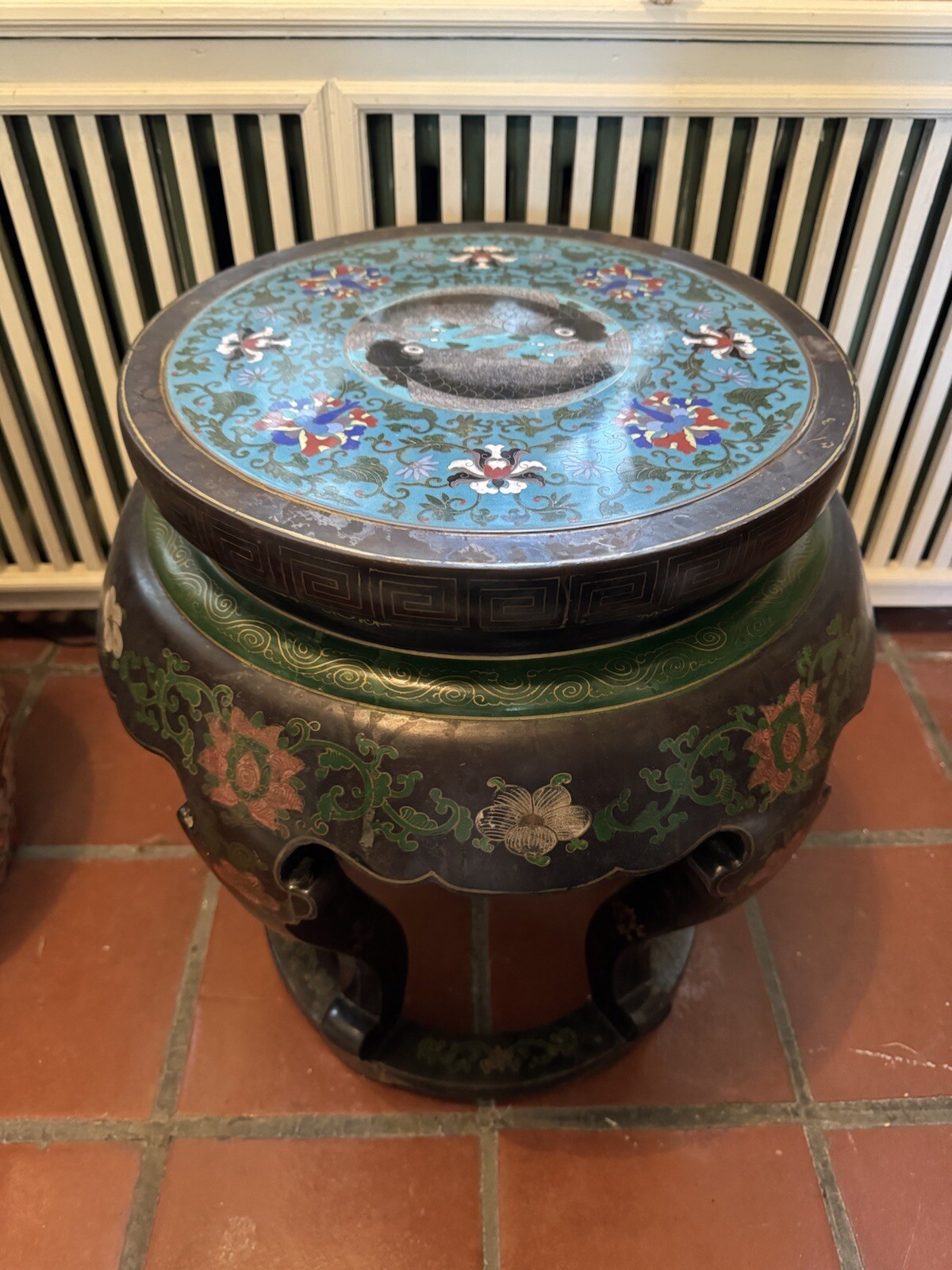 Antique Chinese Cloisonne Top Round Jardiniere Stand Two Fish Motif