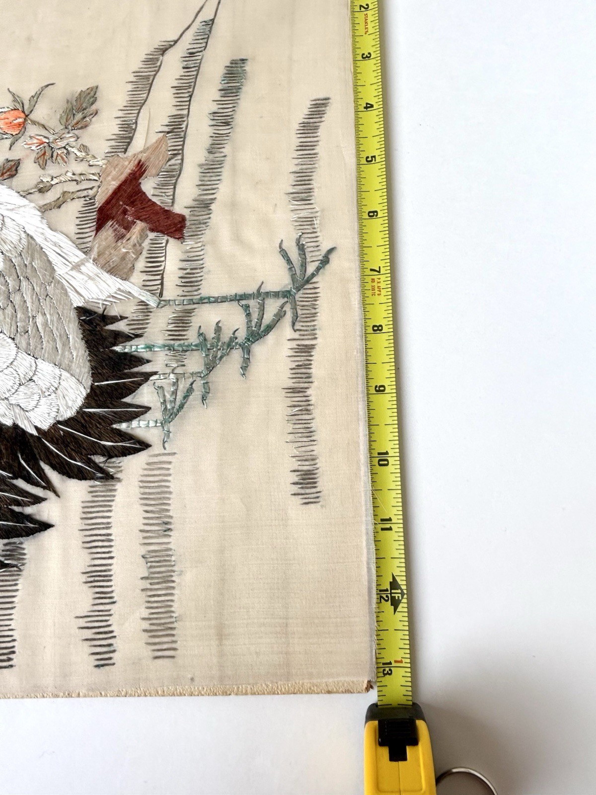 Antique Chinese Silk Embroidery Panel | Hand-Stitched Crane & Pine | 22” Textile