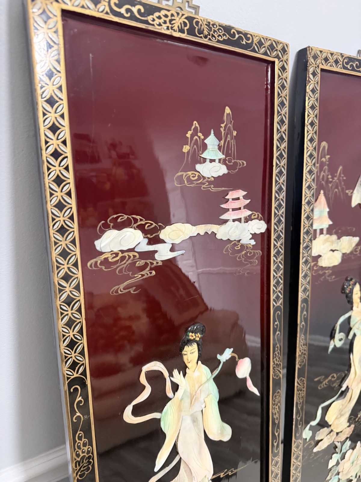 Pair Chinese Lacquer Mother of Pearl Wall Panels 12×36 Asian Art Decor