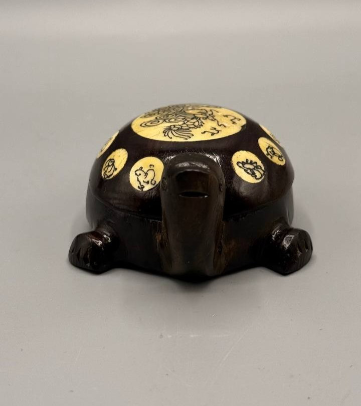 Vintage Carved Wood Turtle with Chinese Zodiac Compass – Functional Inlay