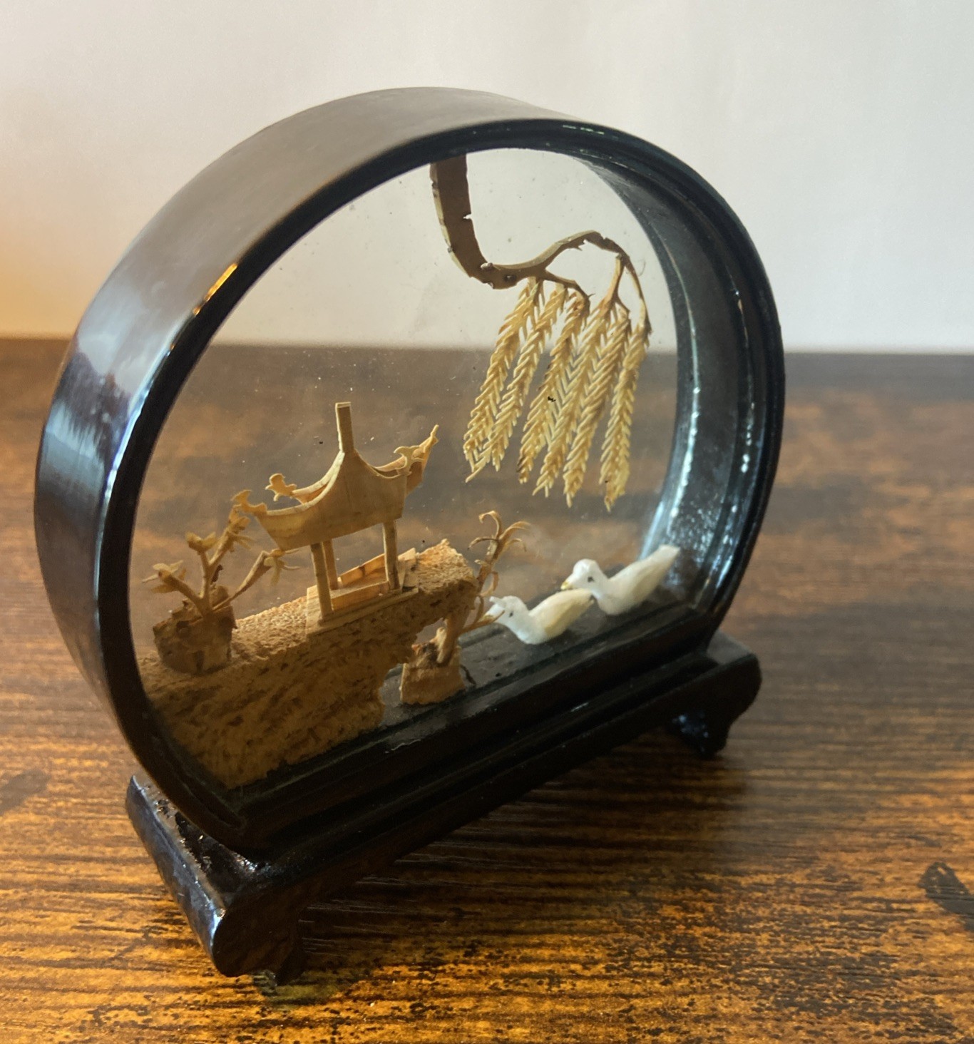 Carved Cork Chinese Art Diorama with Cranes Pagoda & Trees Black Lacquer Vintage