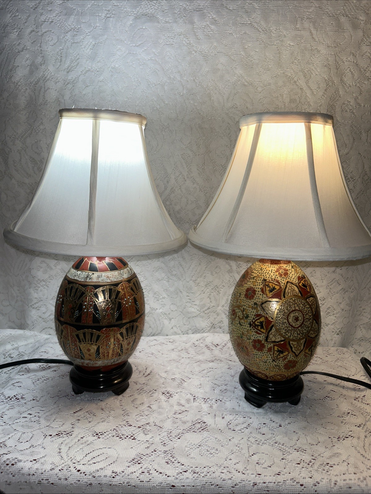 Vintage Chinese Cloisonné Ceramic Hand Painted Egg Lamps With Wood Stand